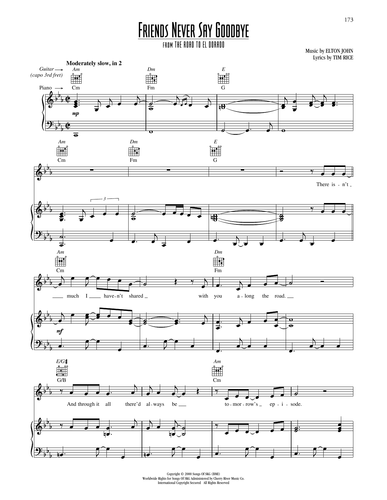 Elton John Friends Never Say Goodbye (from The Road To El Dorado) Sheet Music Notes & Chords for Piano, Vocal & Guitar Chords (Right-Hand Melody) - Download or Print PDF