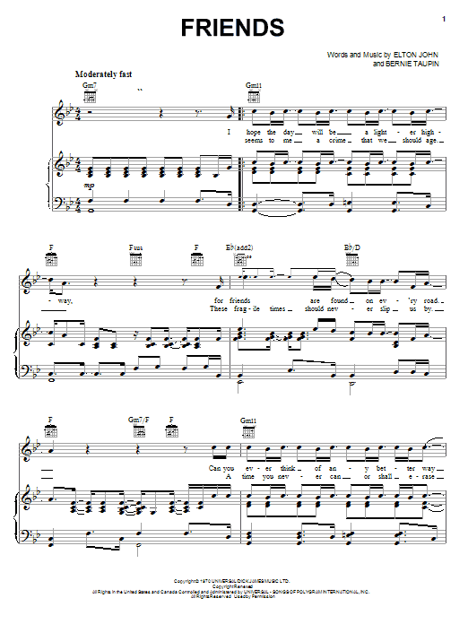 Elton John Friends Sheet Music Notes & Chords for Lyrics & Chords - Download or Print PDF