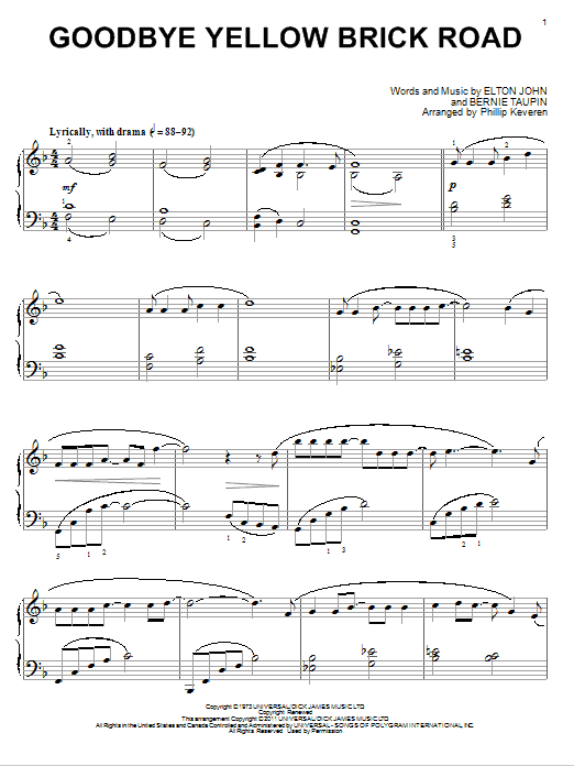 Elton John Goodbye Yellow Brick Road Sheet Music Notes & Chords for Piano - Download or Print PDF
