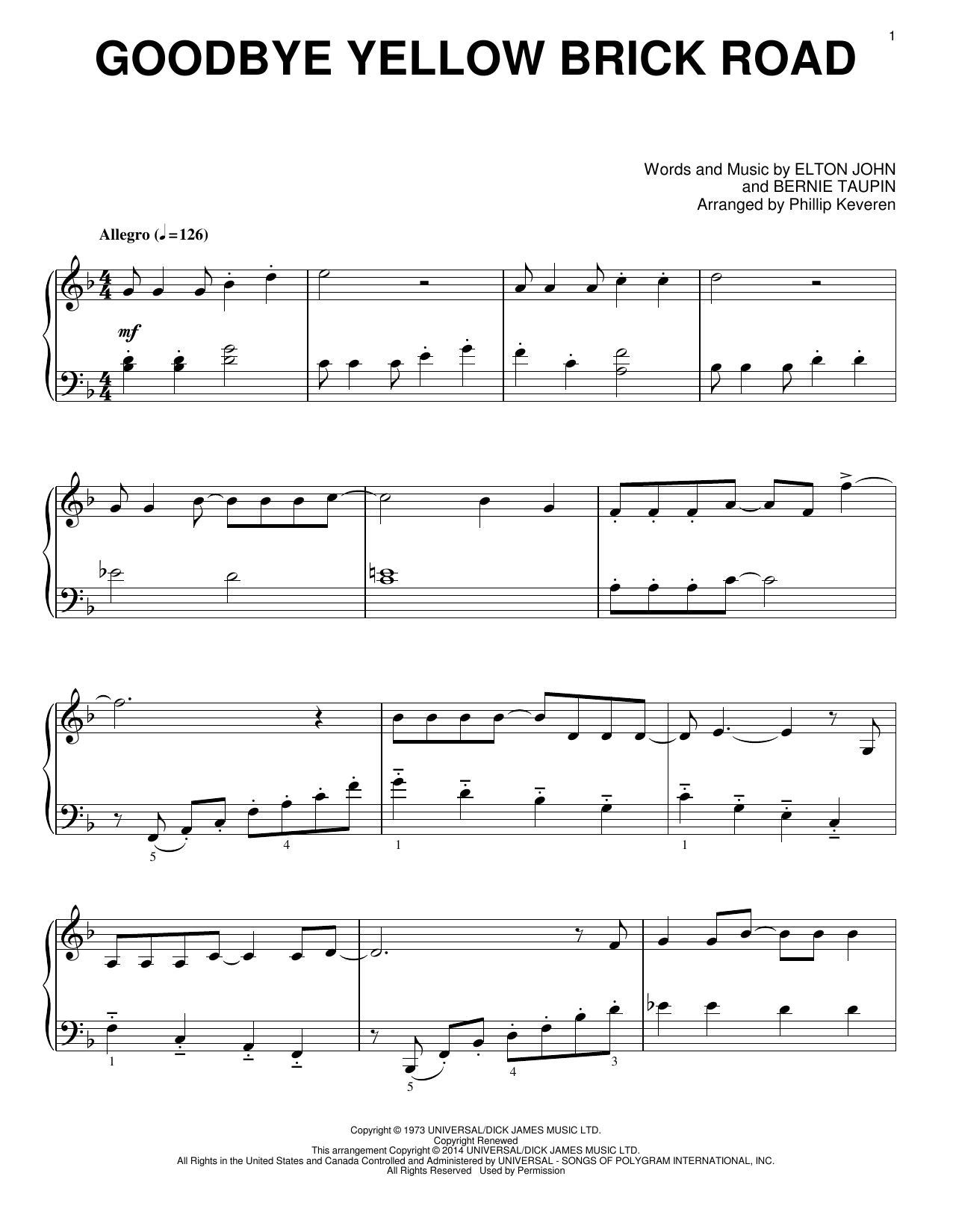 Elton John Goodbye Yellow Brick Road [Classical version] (arr. Phillip Keveren) Sheet Music Notes & Chords for Piano - Download or Print PDF