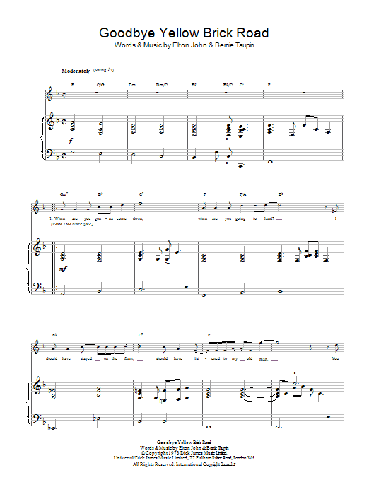 Elton John Goodbye Yellow Brick Road Sheet Music Notes & Chords for Piano, Vocal & Guitar (Right-Hand Melody) - Download or Print PDF