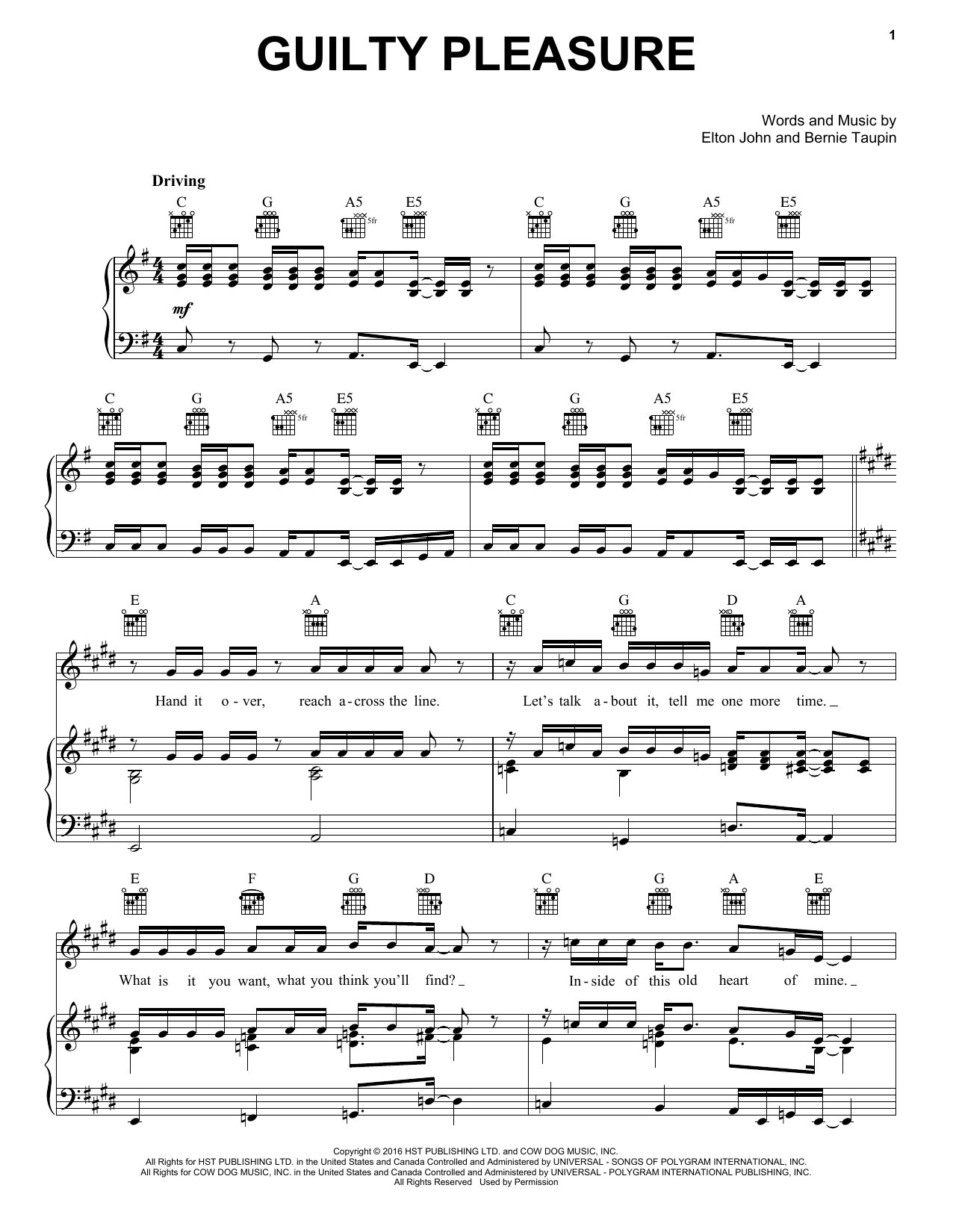 Elton John Guilty Pleasure Sheet Music Notes & Chords for Piano, Vocal & Guitar (Right-Hand Melody) - Download or Print PDF