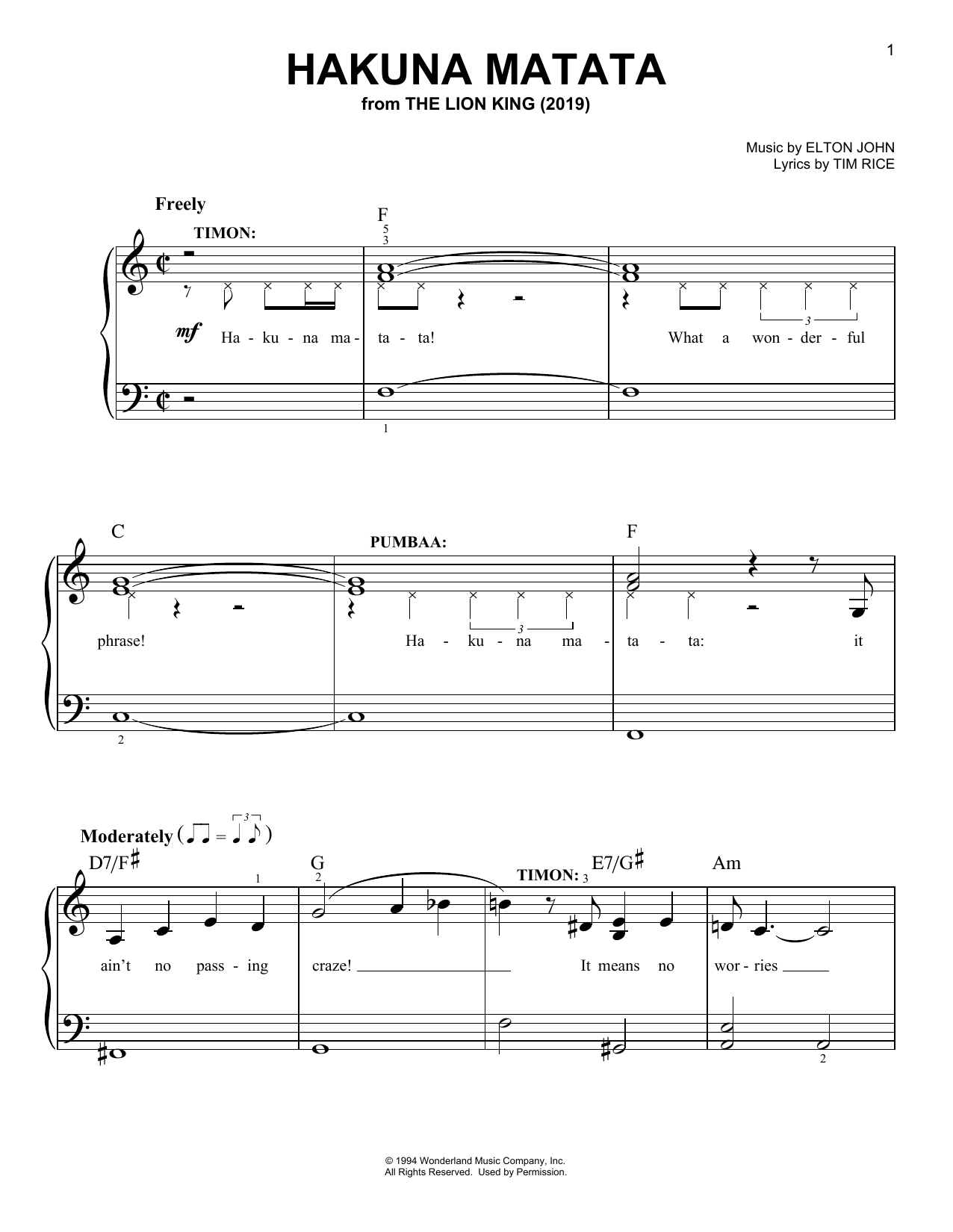 Elton John Hakuna Matata (from The Lion King 2019) Sheet Music Notes & Chords for Piano, Vocal & Guitar (Right-Hand Melody) - Download or Print PDF