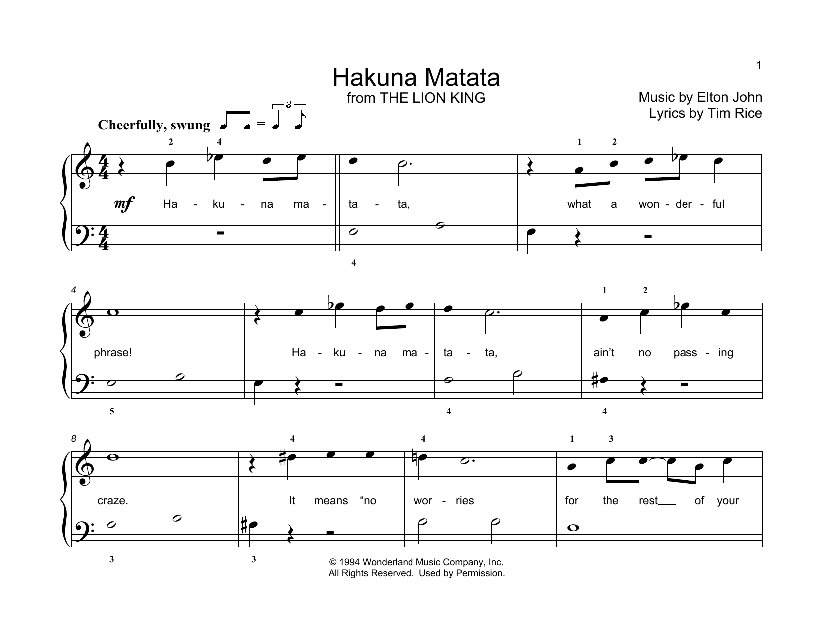Elton John Hakuna Matata (from The Lion King) (arr. Christopher Hussey) Sheet Music Notes & Chords for Educational Piano - Download or Print PDF