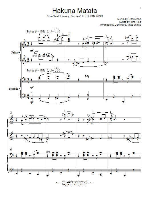 Tim Rice Hakuna Matata Sheet Music Notes & Chords for Piano Duet - Download or Print PDF