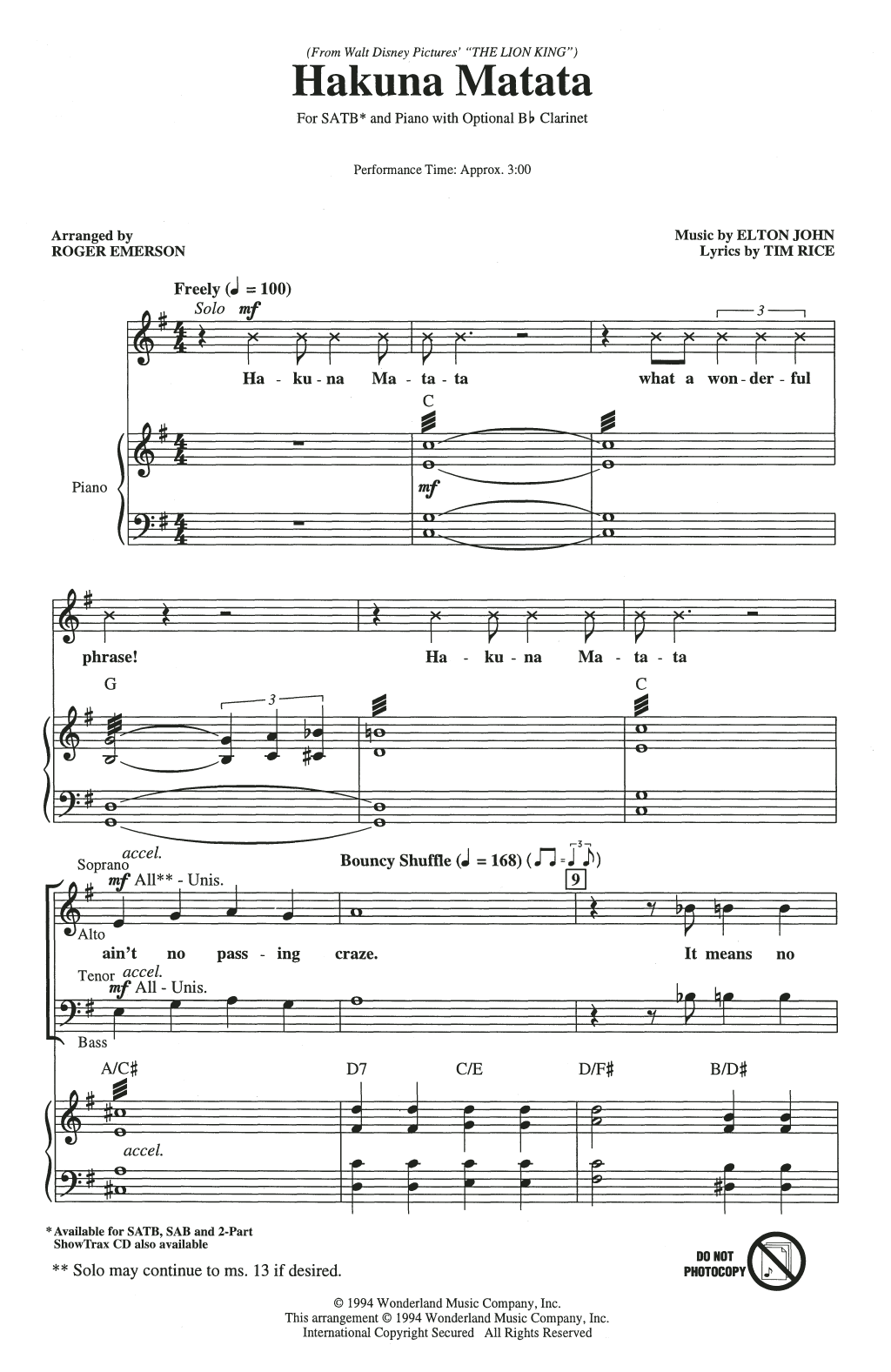 Elton John Hakuna Matata (from Disney's The Lion King) (arr. Roger Emerson) Sheet Music Notes & Chords for SATB Choir - Download or Print PDF
