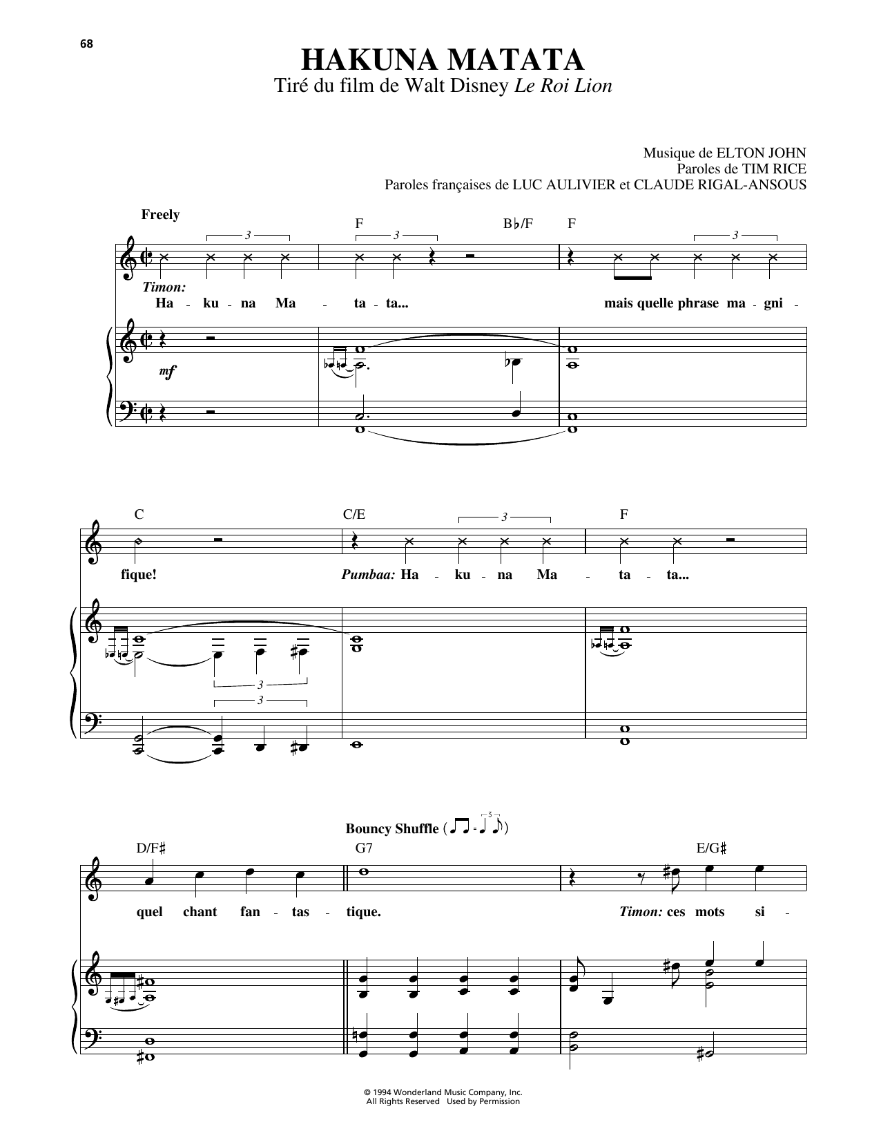 Elton John Hakuna Matata (from The Lion King) [French version] Sheet Music Notes & Chords for Piano, Vocal & Guitar (Right-Hand Melody) - Download or Print PDF