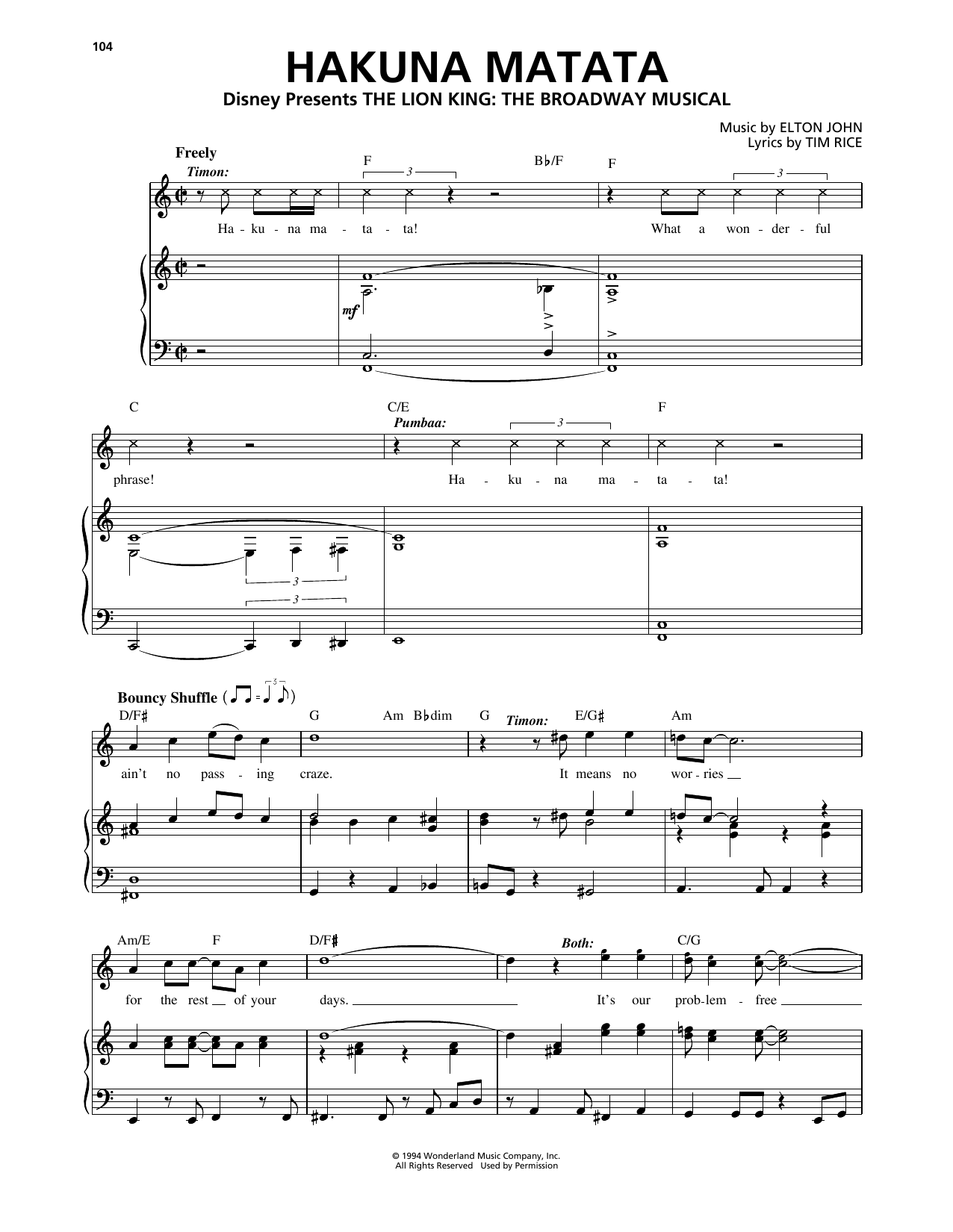 Elton John Hakuna Matata (from The Lion King: Broadway Musical) Sheet Music Notes & Chords for Piano, Vocal & Guitar (Right-Hand Melody) - Download or Print PDF