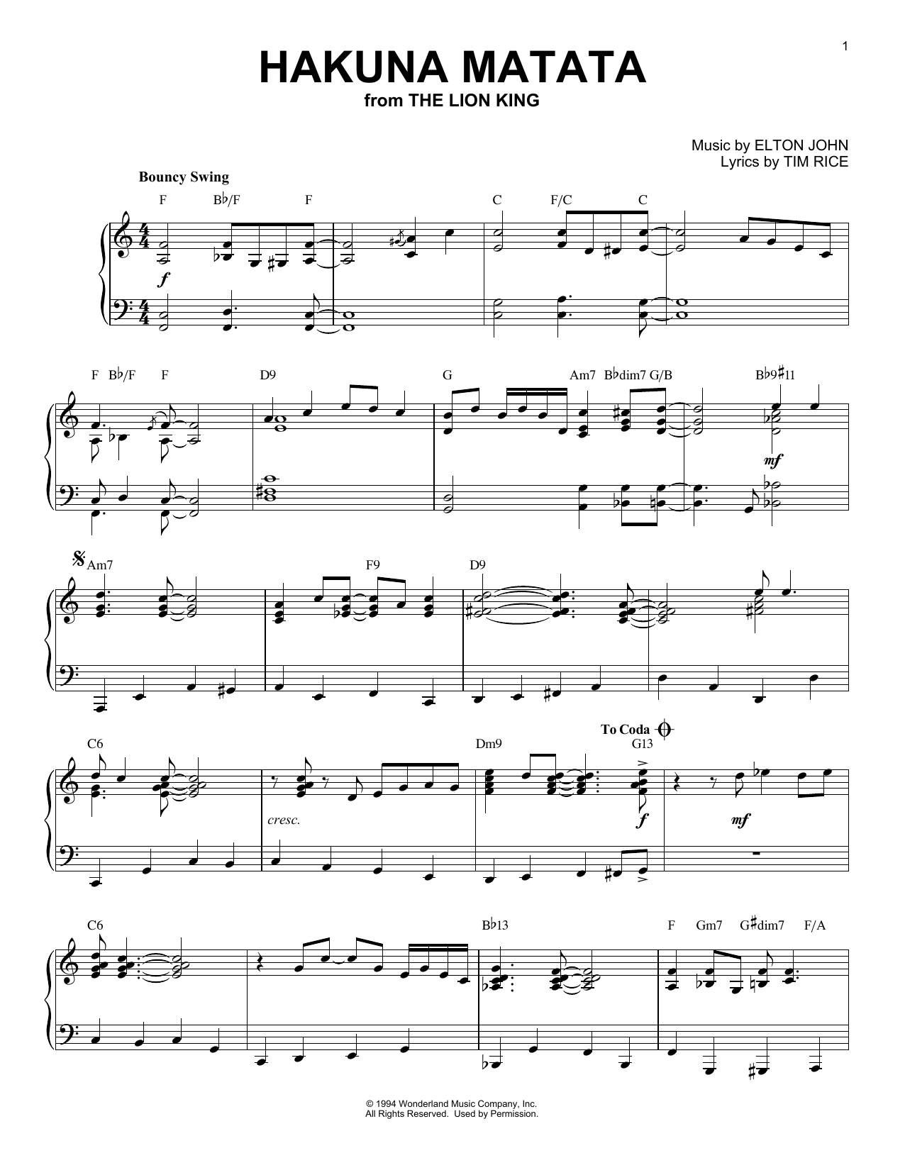 Elton John Hakuna Matata [Jazz version] (from Disney's The Lion King) Sheet Music Notes & Chords for Piano - Download or Print PDF