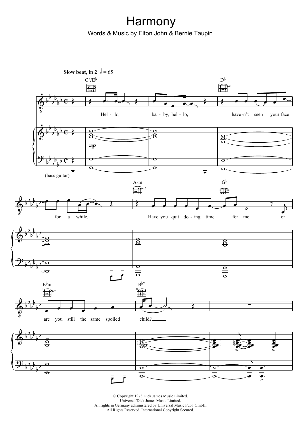 Elton John Harmony Sheet Music Notes & Chords for Piano, Vocal & Guitar - Download or Print PDF