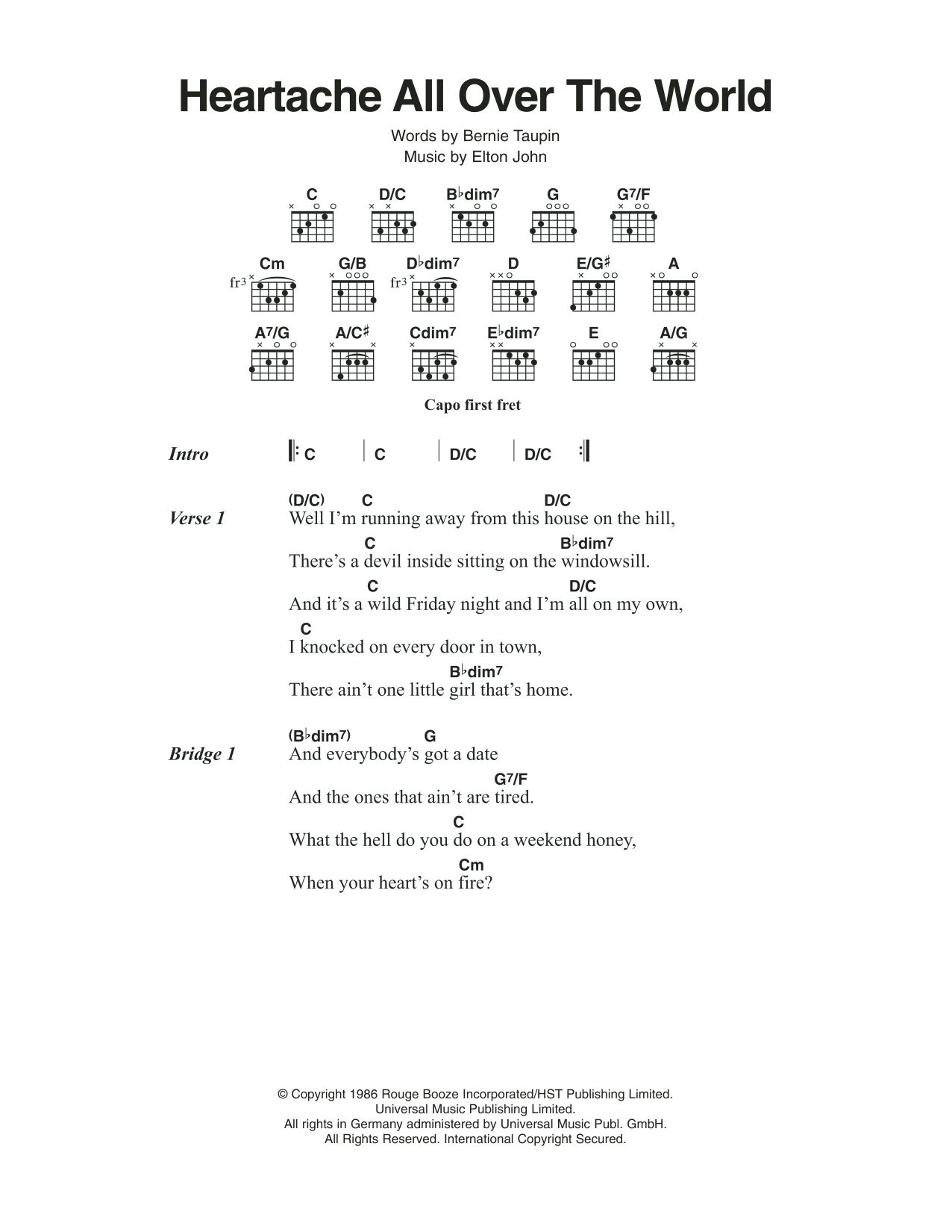 Elton John Heartaches All Over The World Sheet Music Notes & Chords for Lyrics & Chords - Download or Print PDF