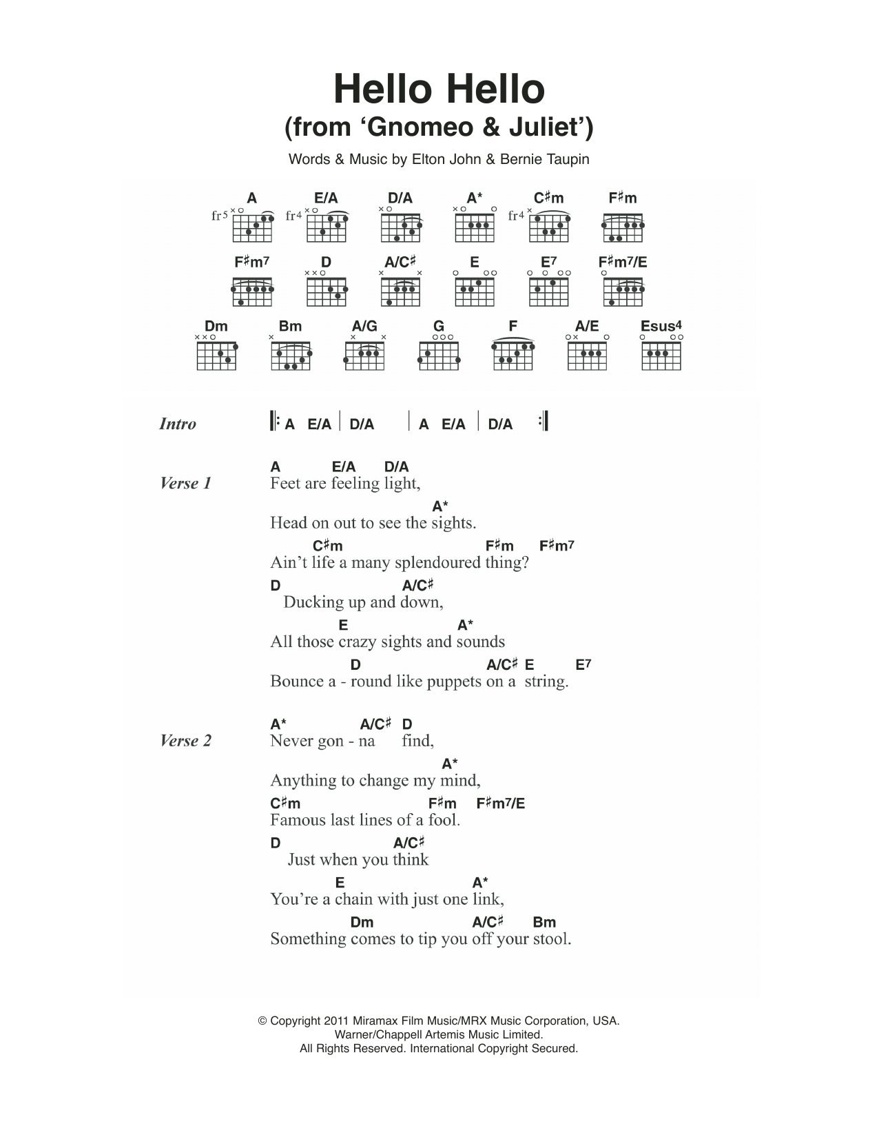 Elton John Hello Hello (From 'Gnomeo and Juliet') Sheet Music Notes & Chords for Lyrics & Chords - Download or Print PDF