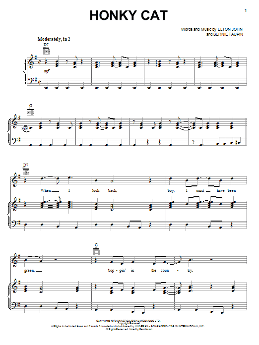 Elton John Honky Cat Sheet Music Notes & Chords for Melody Line, Lyrics & Chords - Download or Print PDF