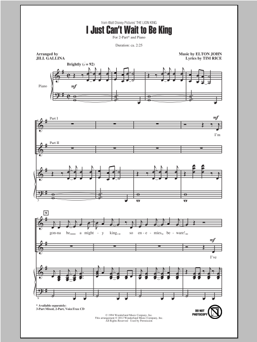 Elton John I Just Can't Wait To Be King (arr. Jill Gallina) Sheet Music Notes & Chords for 2-Part Choir - Download or Print PDF