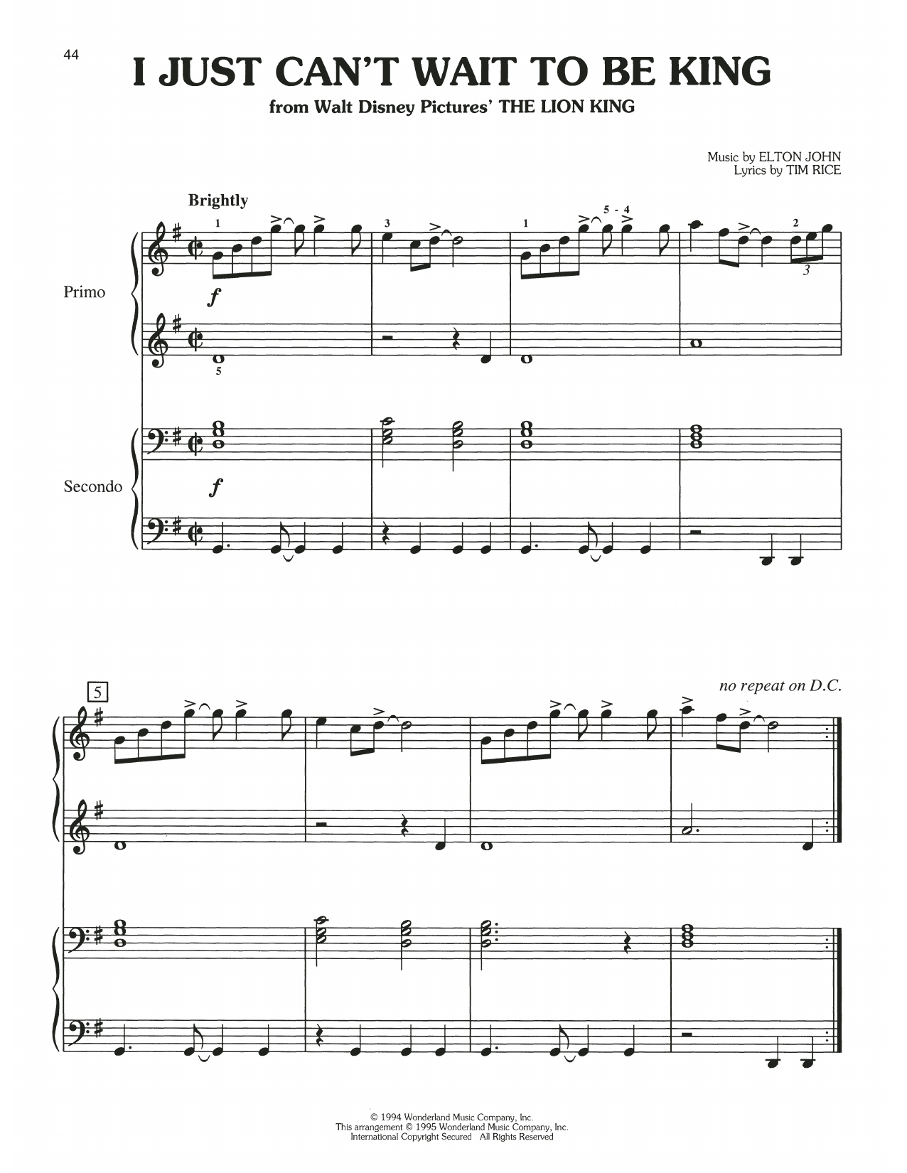 Elton John I Just Can't Wait To Be King (from Lion King) Sheet Music Notes & Chords for Piano Duet - Download or Print PDF
