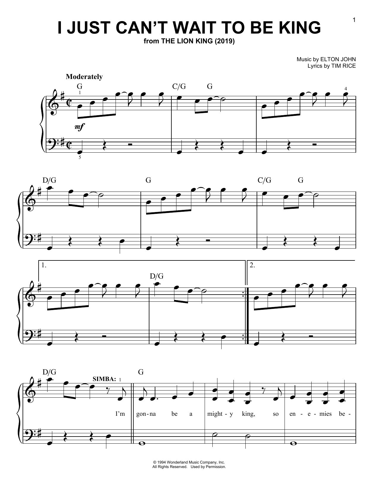 Elton John I Just Can't Wait To Be King (from The Lion King 2019) Sheet Music Notes & Chords for Big Note Piano - Download or Print PDF