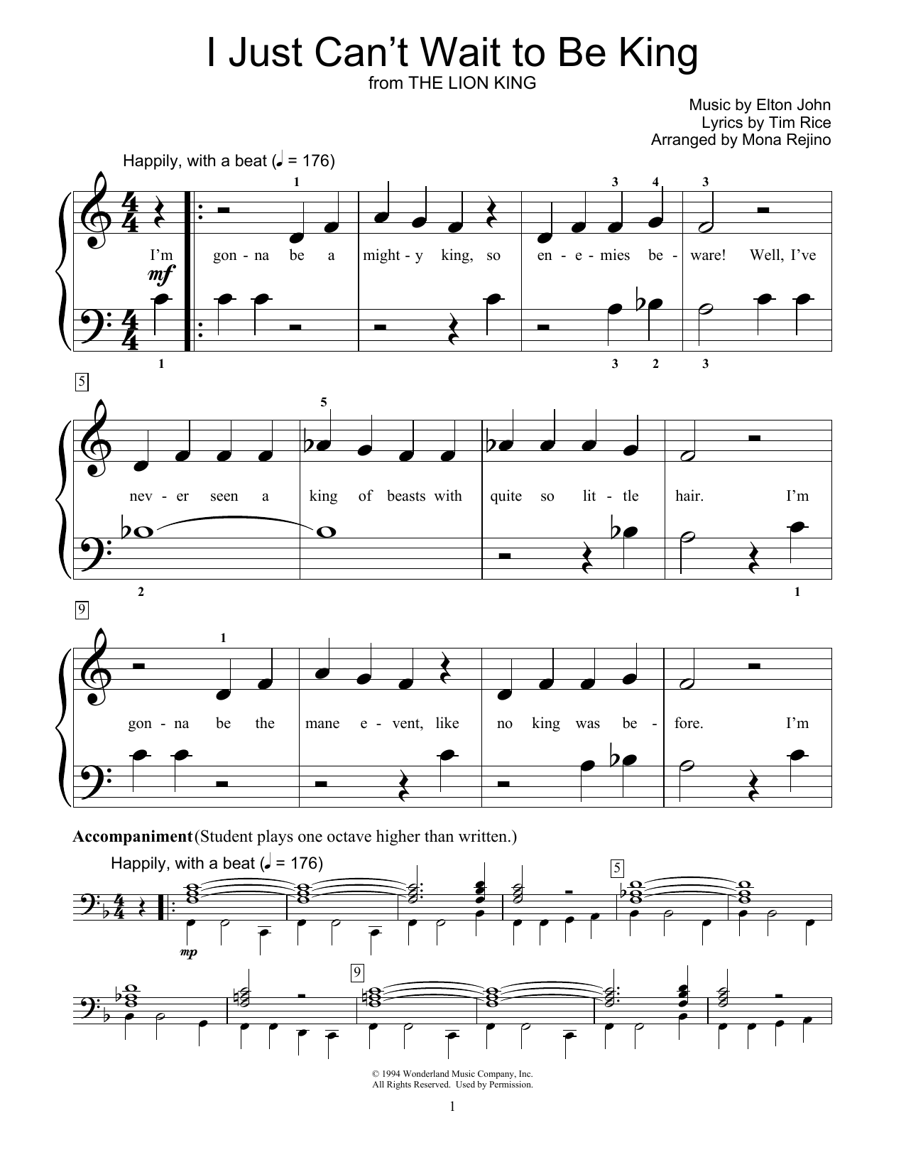 Elton John I Just Can't Wait To Be King Sheet Music Notes & Chords for Educational Piano - Download or Print PDF