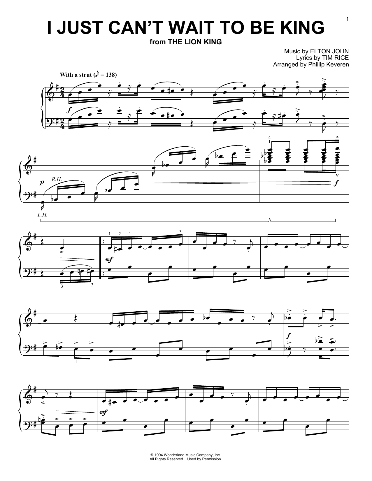 Elton John I Just Can't Wait To Be King [Ragtime version] (from The Lion King) (arr. Phillip Keveren) Sheet Music Notes & Chords for Piano - Download or Print PDF