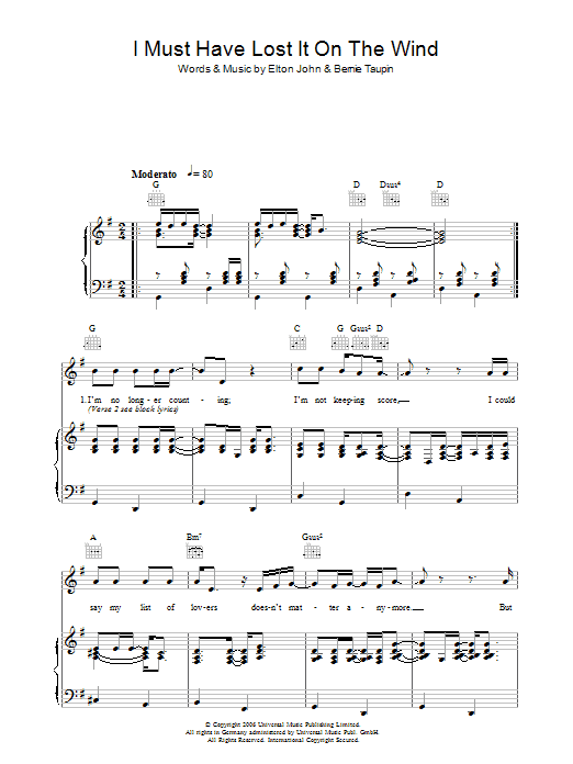 Elton John I Must Have Lost It On The Wind Sheet Music Notes & Chords for Piano, Vocal & Guitar - Download or Print PDF