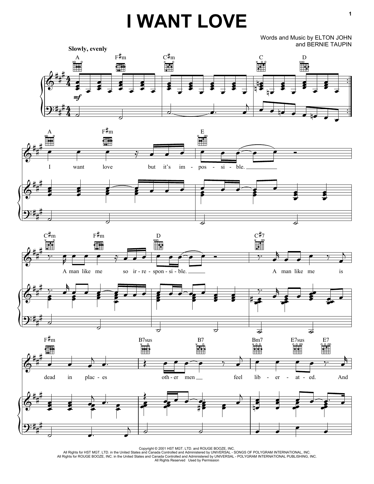 Elton John I Want Love Sheet Music Notes & Chords for Piano, Vocal & Guitar (Right-Hand Melody) - Download or Print PDF