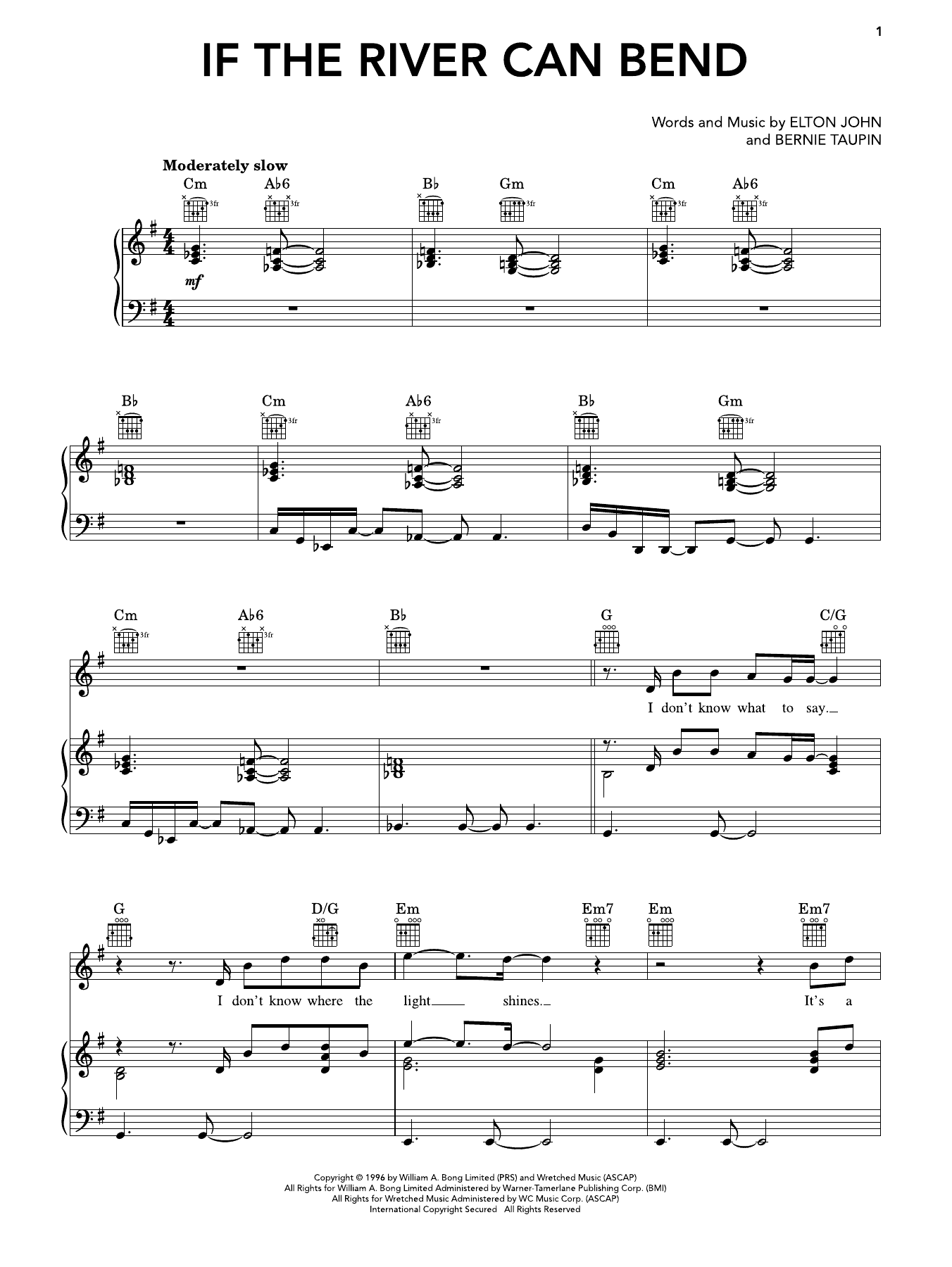 Elton John If The River Can Bend Sheet Music Notes & Chords for Piano, Vocal & Guitar Chords (Right-Hand Melody) - Download or Print PDF