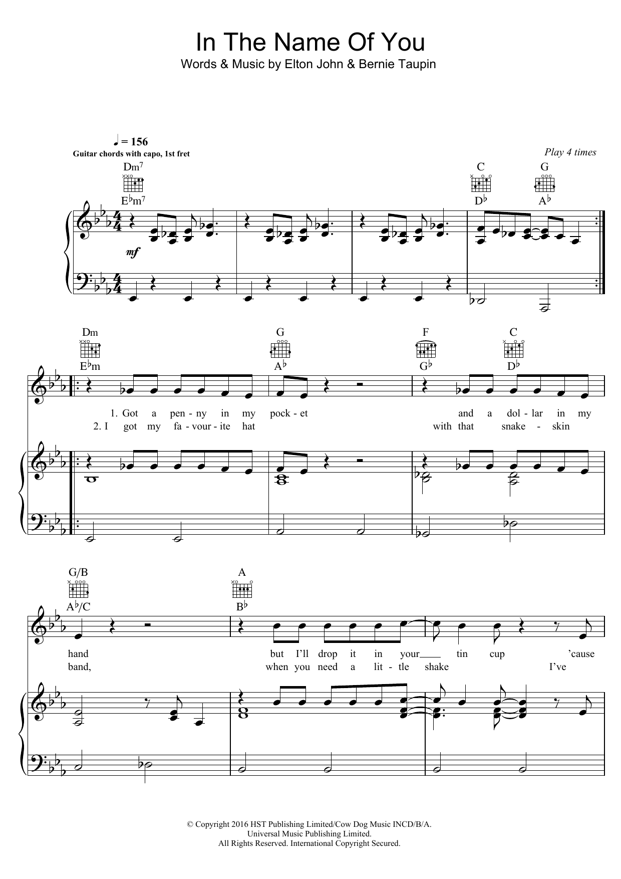 Elton John In The Name Of You Sheet Music Notes & Chords for Piano, Vocal & Guitar (Right-Hand Melody) - Download or Print PDF