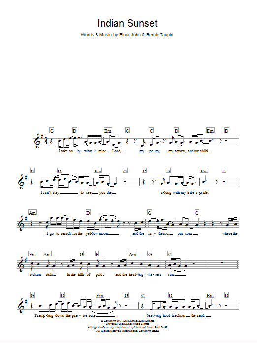 Elton John Indian Sunset (Middle section) Sheet Music Notes & Chords for Melody Line, Lyrics & Chords - Download or Print PDF