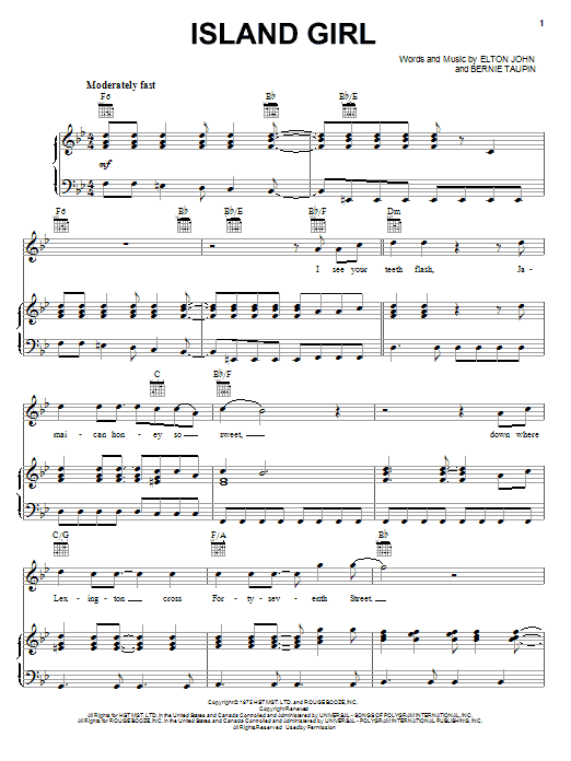 Elton John Island Girl Sheet Music Notes & Chords for Lyrics & Chords - Download or Print PDF