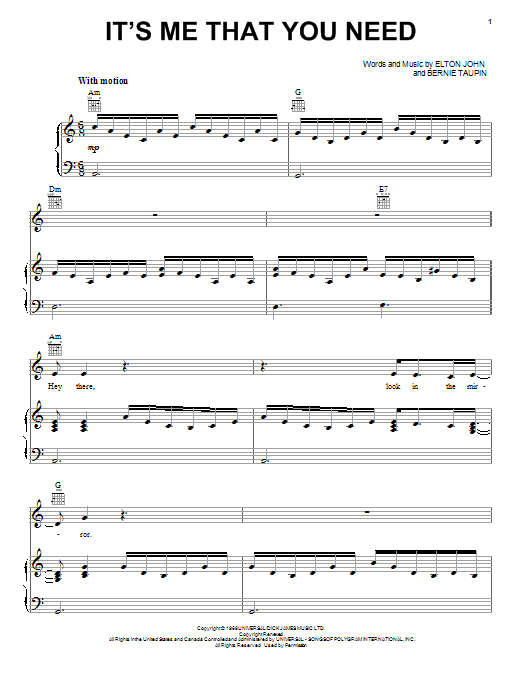 Elton John It's Me That You Need Sheet Music Notes & Chords for Piano, Vocal & Guitar (Right-Hand Melody) - Download or Print PDF
