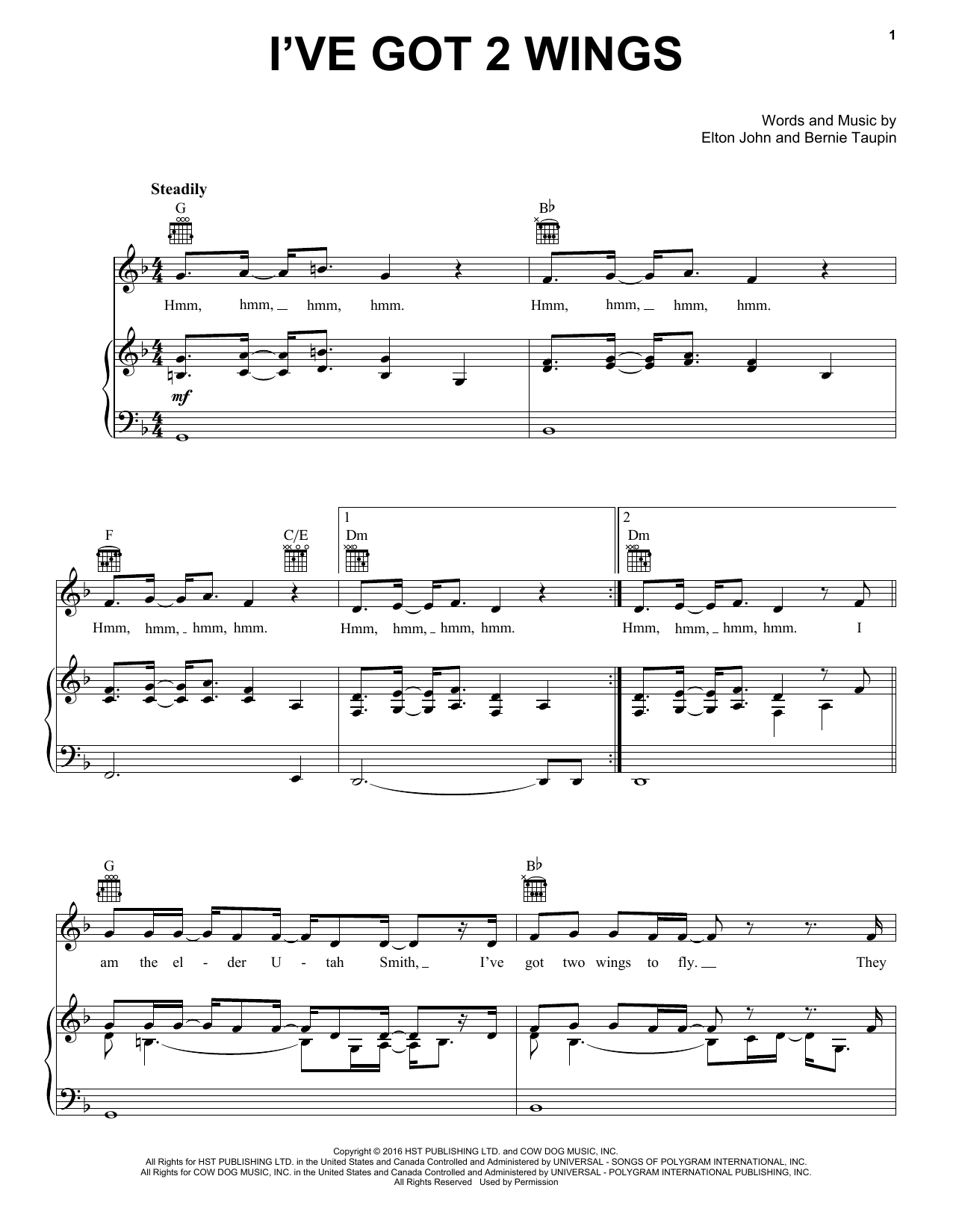 Elton John I've Got 2 Wings Sheet Music Notes & Chords for Piano, Vocal & Guitar (Right-Hand Melody) - Download or Print PDF