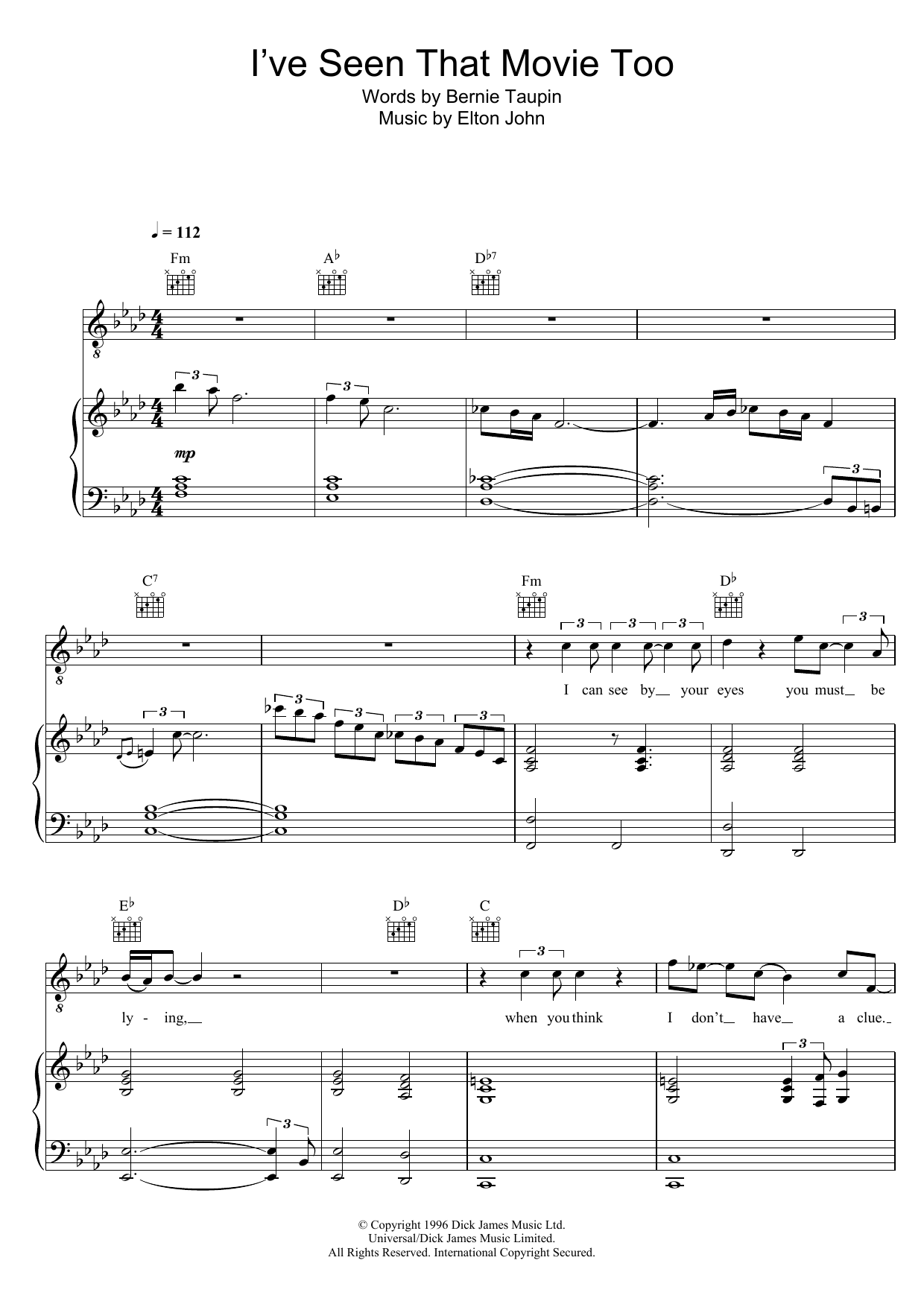 Elton John I've Seen That Movie Too Sheet Music Notes & Chords for Piano, Vocal & Guitar - Download or Print PDF