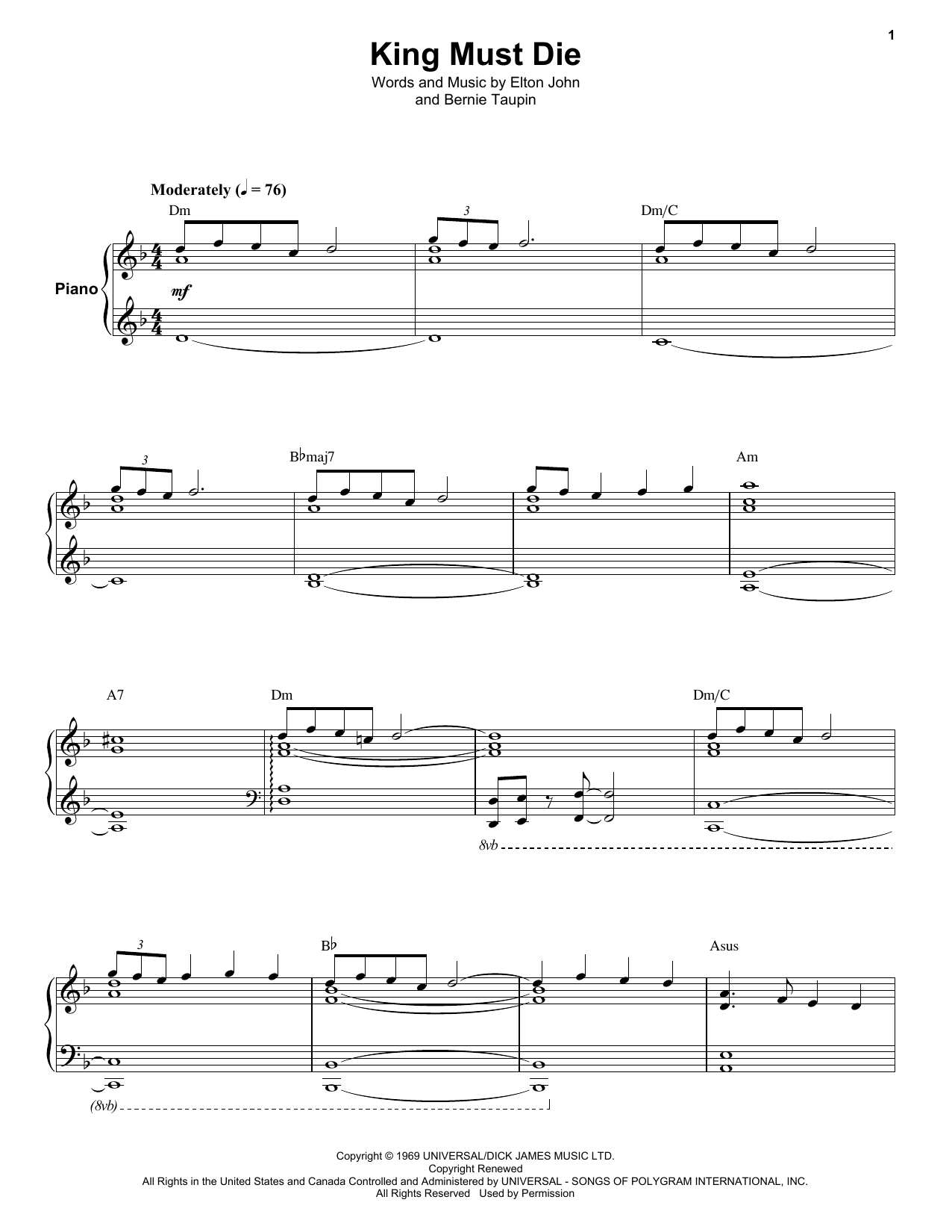 Elton John King Must Die Sheet Music Notes & Chords for Keyboard Transcription - Download or Print PDF