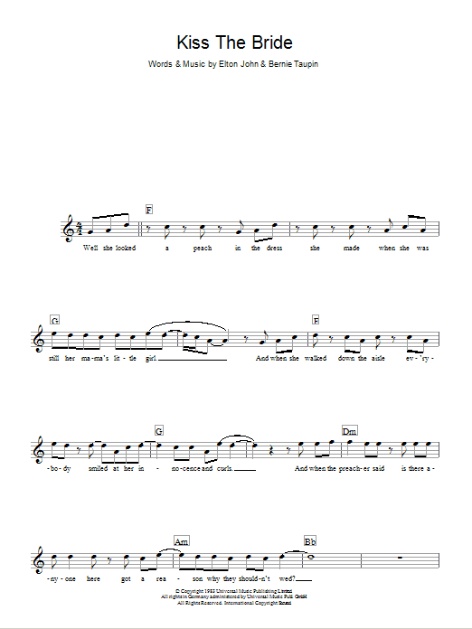 Elton John Kiss The Bride Sheet Music Notes & Chords for Melody Line, Lyrics & Chords - Download or Print PDF