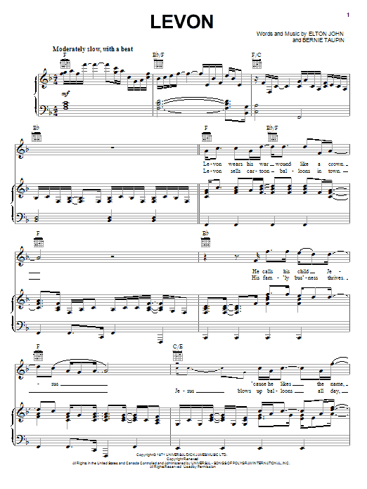 Elton John Levon Sheet Music Notes & Chords for Easy Piano - Download or Print PDF