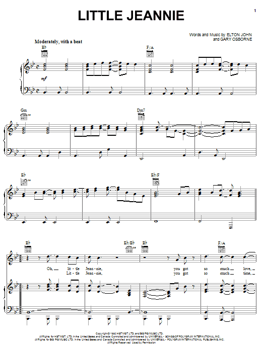 Elton John Little Jeannie Sheet Music Notes & Chords for Melody Line, Lyrics & Chords - Download or Print PDF