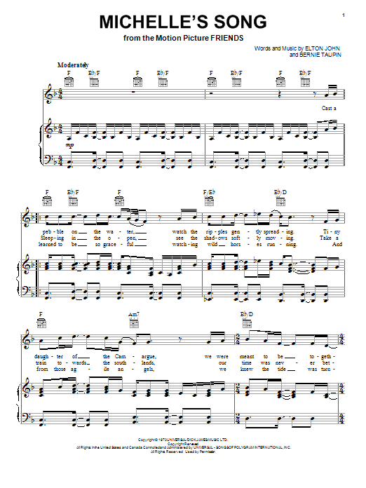 Elton John Michelle's Song Sheet Music Notes & Chords for Piano, Vocal & Guitar (Right-Hand Melody) - Download or Print PDF