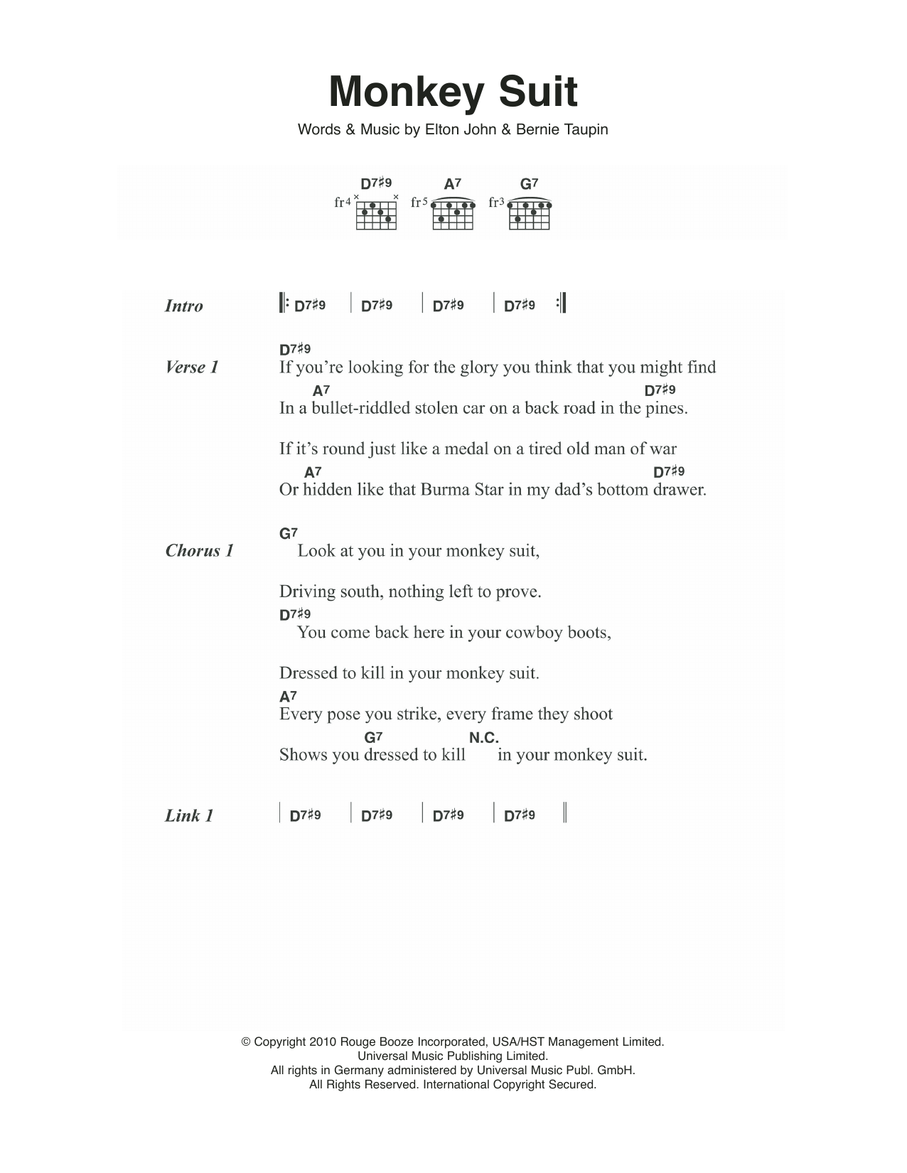 Elton John Monkey Suit Sheet Music Notes & Chords for Lyrics & Chords - Download or Print PDF