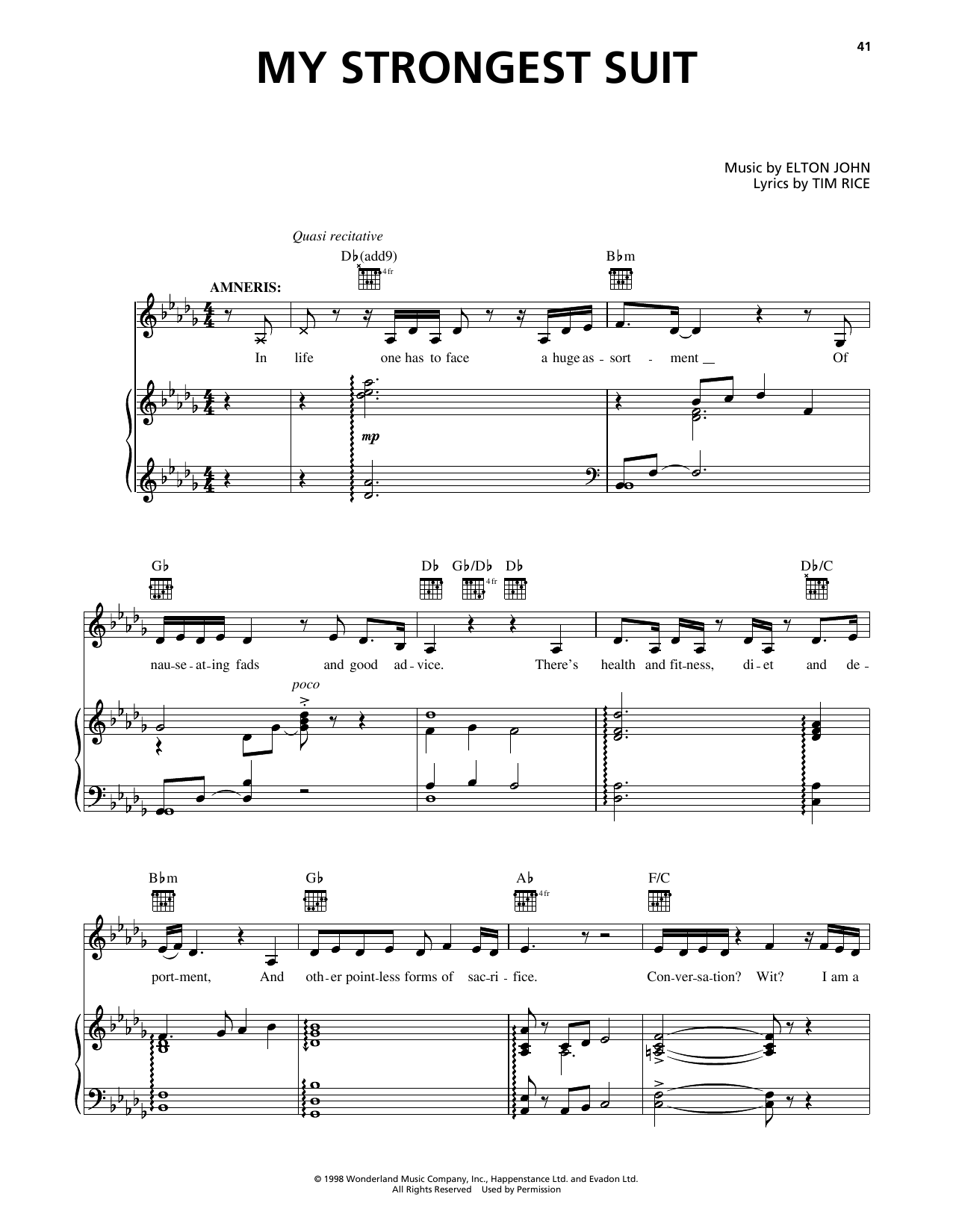 Elton John My Strongest Suit (from Aida) Sheet Music Notes & Chords for Piano, Vocal & Guitar (Right-Hand Melody) - Download or Print PDF