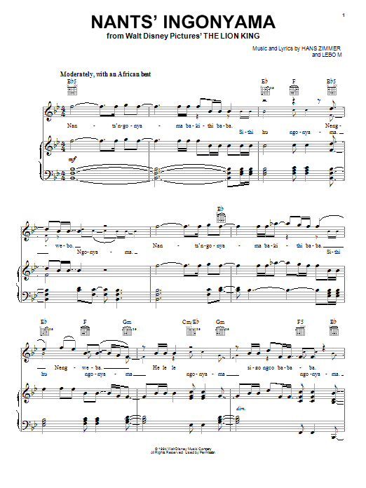 Elton John Nants' Ingonyama Sheet Music Notes & Chords for Piano, Vocal & Guitar (Right-Hand Melody) - Download or Print PDF