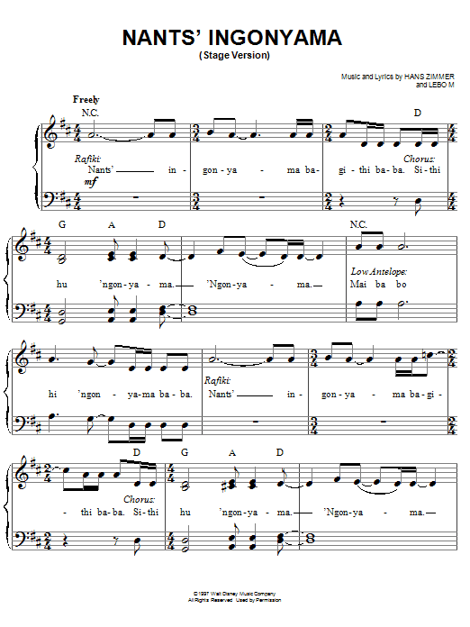 Elton John Nants' Ingonyama (Stage Version) (from The Lion King: Broadway Musical) Sheet Music Notes & Chords for Easy Piano - Download or Print PDF Elton John Nants' Ingonyama (Stage Version) (from The Lion King: Broadway Musical) Sheet Music Notes & Chords for Easy Piano - Download or Print PDF