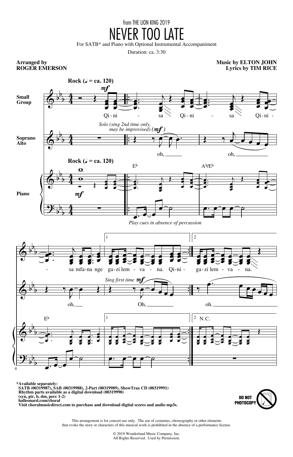 Elton John Never Too Late (from The Lion King 2019) (arr. Roger Emerson) Sheet Music Notes & Chords for 2-Part Choir - Download or Print PDF