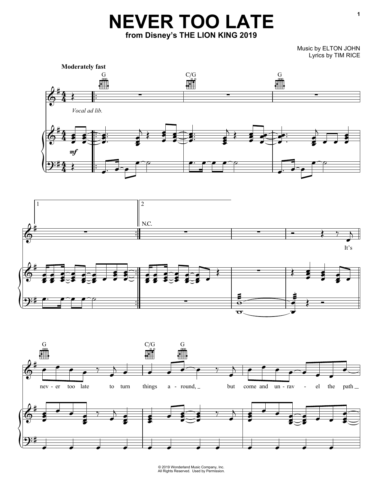 Elton John Never Too Late (from The Lion King 2019) Sheet Music Notes & Chords for Easy Piano - Download or Print PDF