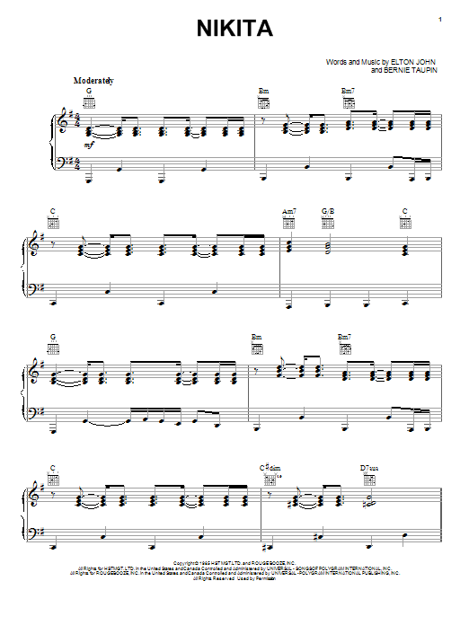 Elton John Nikita Sheet Music Notes & Chords for Piano, Vocal & Guitar (Right-Hand Melody) - Download or Print PDF