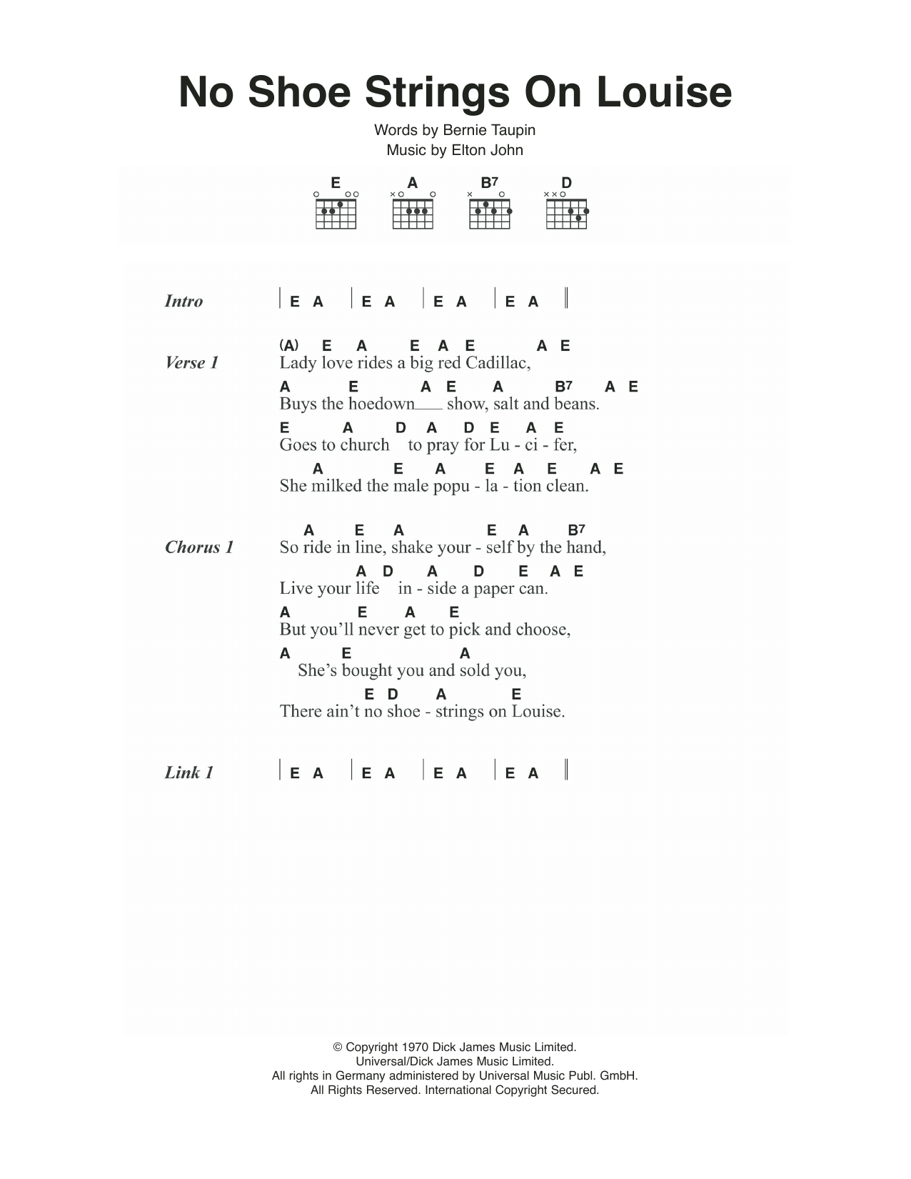 Elton John No Shoe Strings On Louise Sheet Music Notes & Chords for Lyrics & Chords - Download or Print PDF