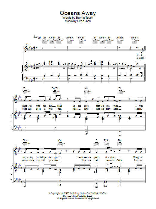 Elton John Oceans Away Sheet Music Notes & Chords for Piano, Vocal & Guitar (Right-Hand Melody) - Download or Print PDF