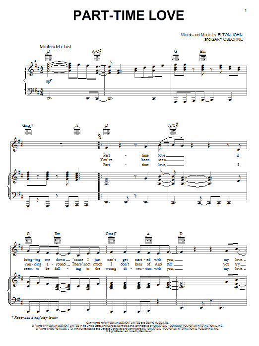 Elton John Part-Time Love Sheet Music Notes & Chords for Melody Line, Lyrics & Chords - Download or Print PDF