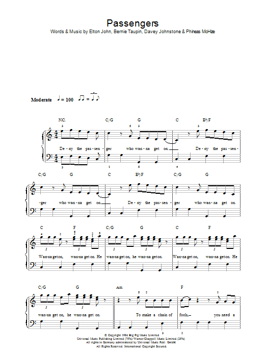 Elton John Passengers Sheet Music Notes & Chords for Beginner Piano - Download or Print PDF