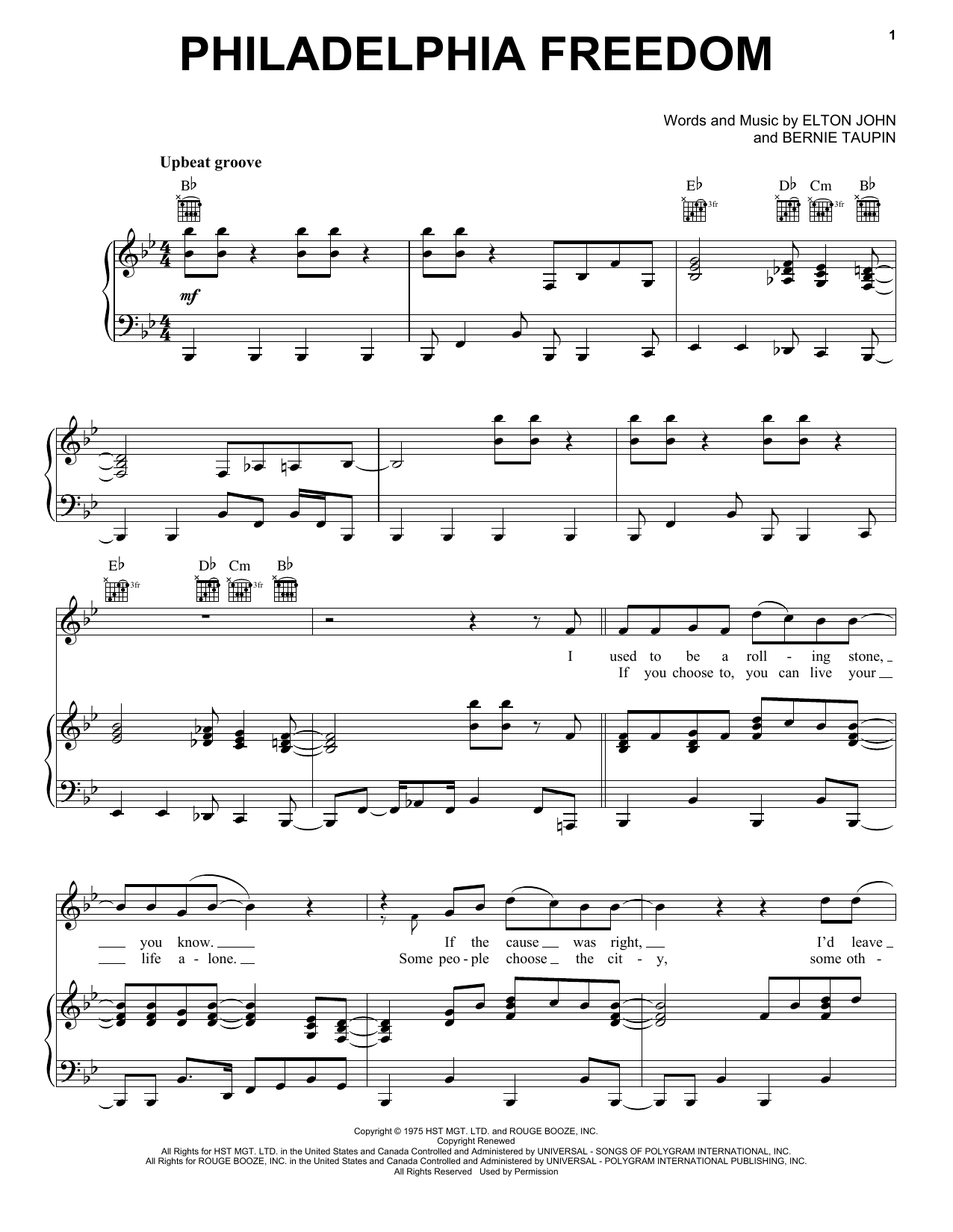 Elton John Philadelphia Freedom Sheet Music Notes & Chords for Really Easy Piano - Download or Print PDF