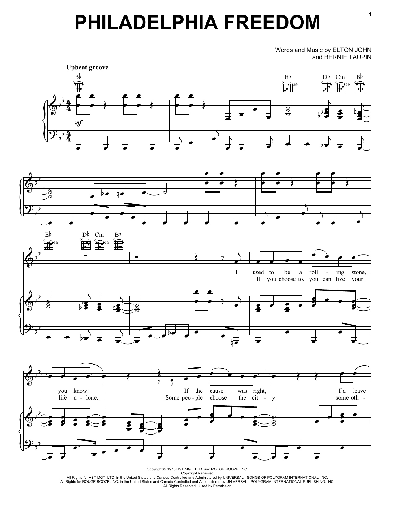 Elton John Philadelphia Freedom Sheet Music Notes & Chords for Piano, Vocal & Guitar (Right-Hand Melody) - Download or Print PDF