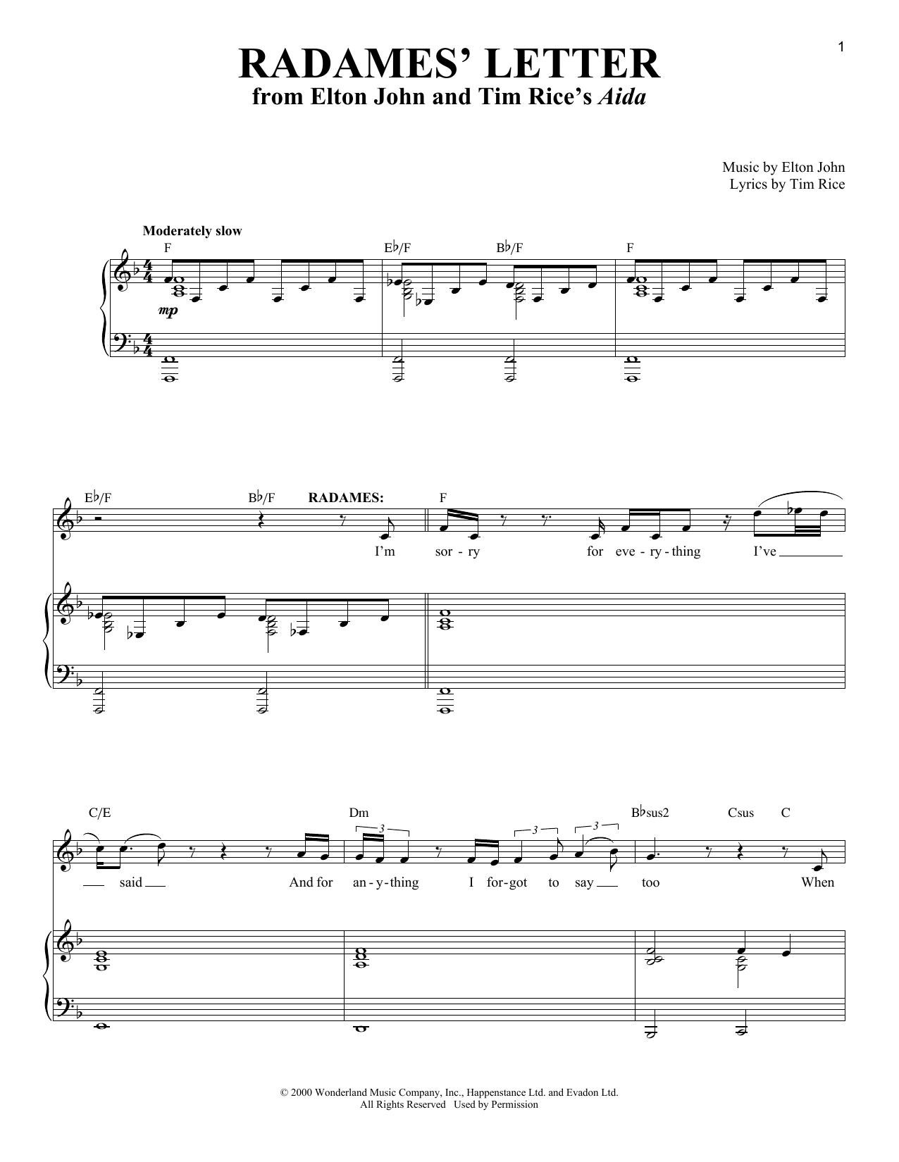 Elton John Radames' Letter Sheet Music Notes & Chords for Piano & Vocal - Download or Print PDF